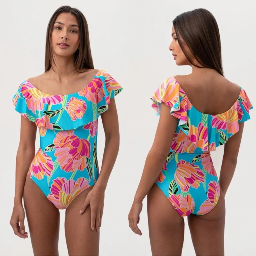Like New Trina Turk Off Shoulder Ruffle Bandeau One Piece Swimsuit Resortwear